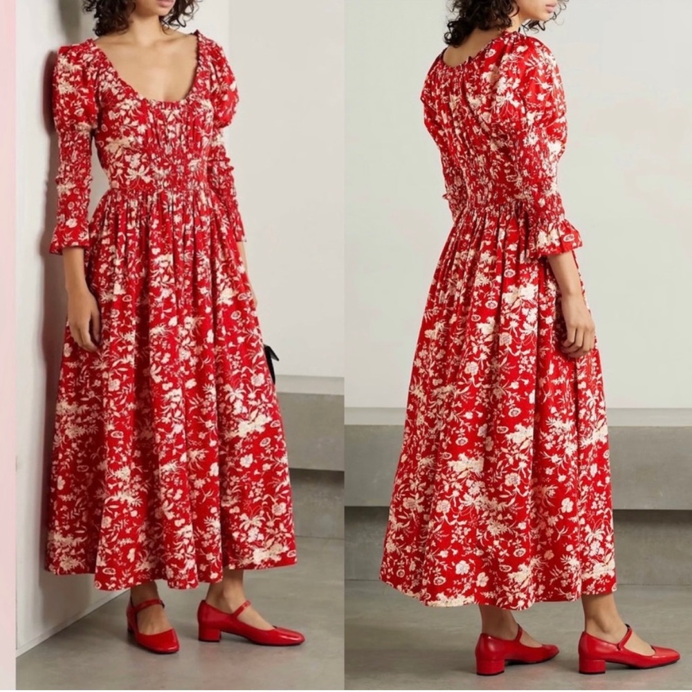 DÔEN Meribel shirred floral-print cotton-poplin midi dress size Small NWOT